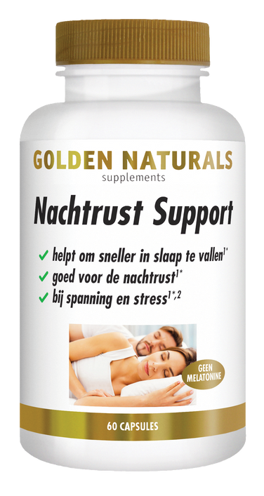 Golden Naturals Nachtrust Support, 60 capsules, wit met gouden deksel en verpakking.