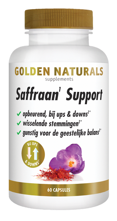 Golden Naturals Saffraan Support, 60 capsules, wit flesje met gouden deksel en saffraan bloem.