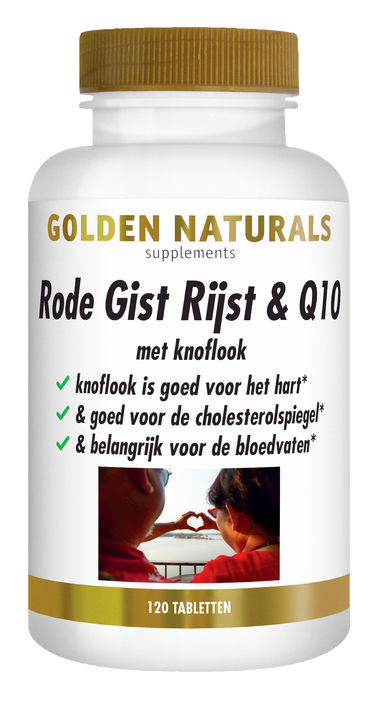 Golden Naturals Rode Gist Rijst & Q10 supplementen flesje met 120 tabletten en gouden deksel.