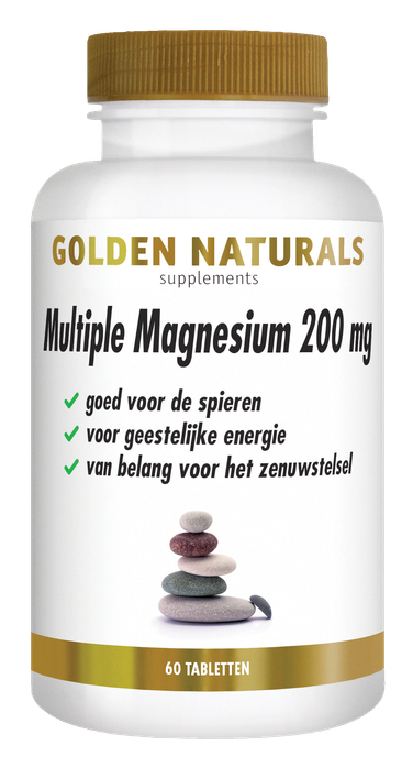 Golden Naturals Multiple Magnesium 200 mg, 60 tabletten, wit flesje met gouden deksel en label.