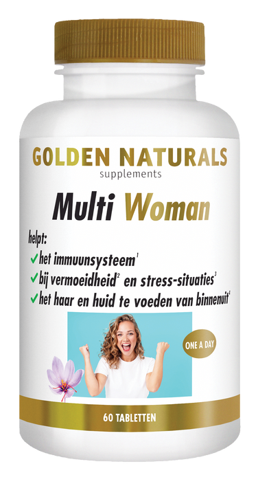 Golden Naturals Multi Woman supplementen flesje met 60 tabletten, gouden deksel en wit label.