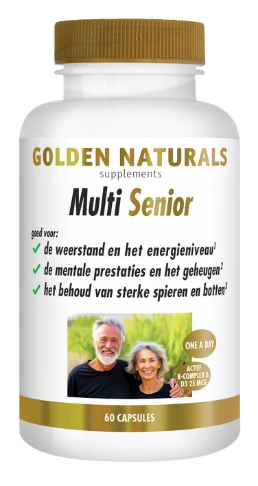 Golden Naturals Multi Senior, 60 capsules, witte fles met gouden deksel en label.