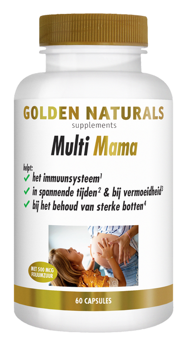 Golden Naturals Multi Mama supplementen flesje met 60 capsules voor zwangere vrouwen en moeders.