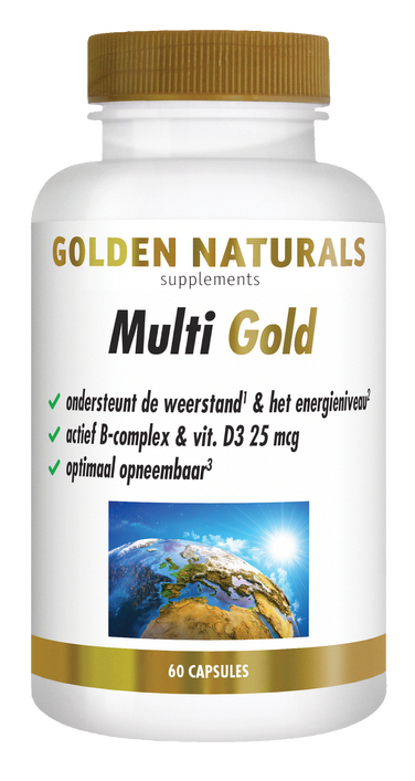 Golden Naturals Multi Gold capsules, 60 stuks, wit flesje met gouden deksel en etiket.