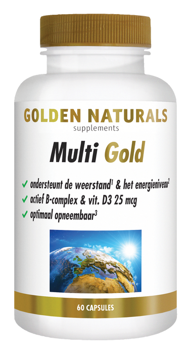 Golden Naturals Multi Gold capsules, 60 stuks, wit potje met gouden deksel en label.