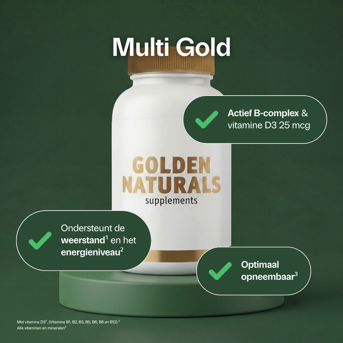 Golden Naturals Multi Gold tabletten, wit met gouden deksel en label.