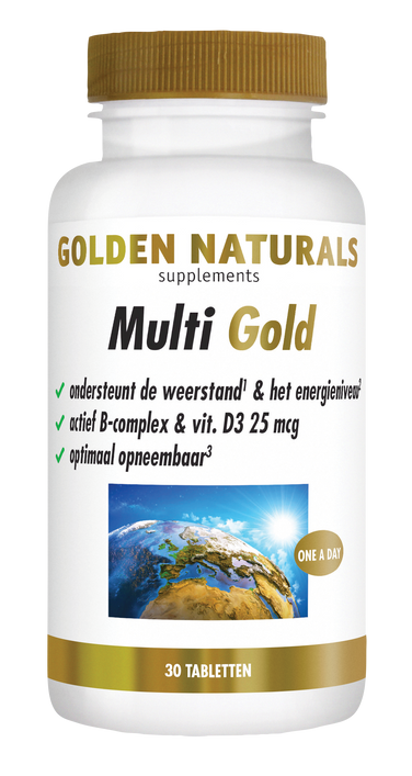 Golden Naturals Multi Gold tabletten, 30 stuks, wit met gouden deksel en label.