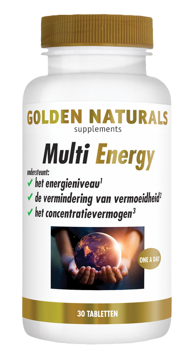 Golden Naturals Multi Energy, 30 tabletten, wit flesje met gouden deksel en label.