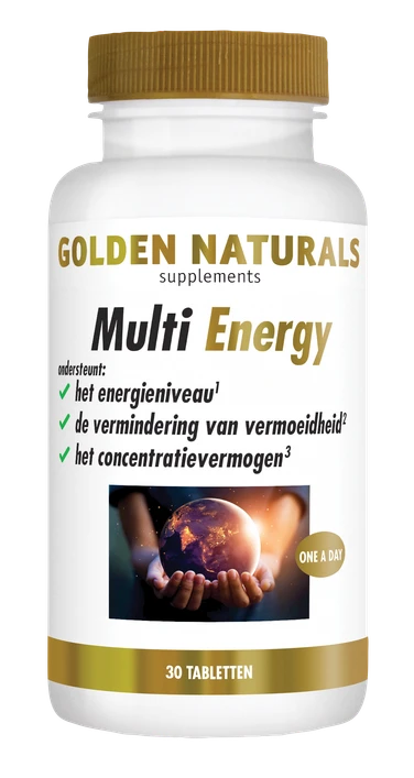 Golden Naturals Multi Energy, 30 tabletten, wit en goudkleurig flesje met nutritionele supplementen.
