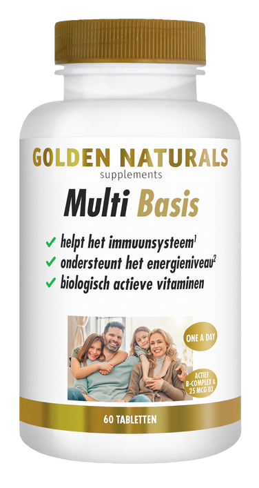 Golden Naturals Multi Basis supplementen flesje met 60 tabletten, wit met gouden deksel en label.