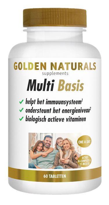 Golden Naturals Multi Basis supplementen flesje met 60 tabletten, wit met gouden deksel en label.