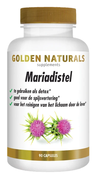 Golden Naturals Mariadistel, 90 capsules, wit potje met gouden deksel en etiket.