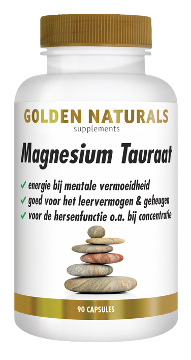 Golden Naturals Magnesium Tauraat, 90 capsules, wit flesje met gouden deksel en label.