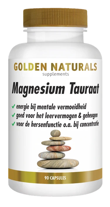Golden Naturals Magnesium Tauraat, 90 capsules, wit flesje met gouden deksel en label.