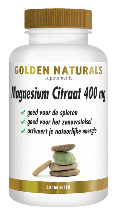 Golden Naturals Magnesium Citraat 400 mg, 60 tabletten, wit met gouden dop en label.