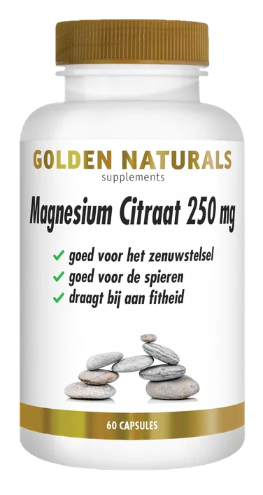 Golden Naturals Magnesium Citraat 250 mg, wit flesje met gouden deksel en etiket.