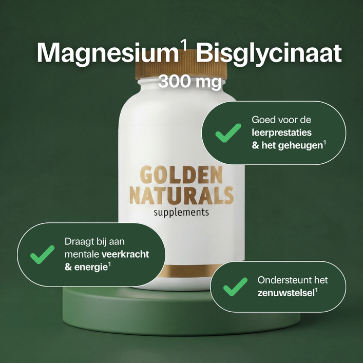 Magnesium Bisglycinaat 300 mg supplement van Golden Naturals in wit flesje met gouden deksel.