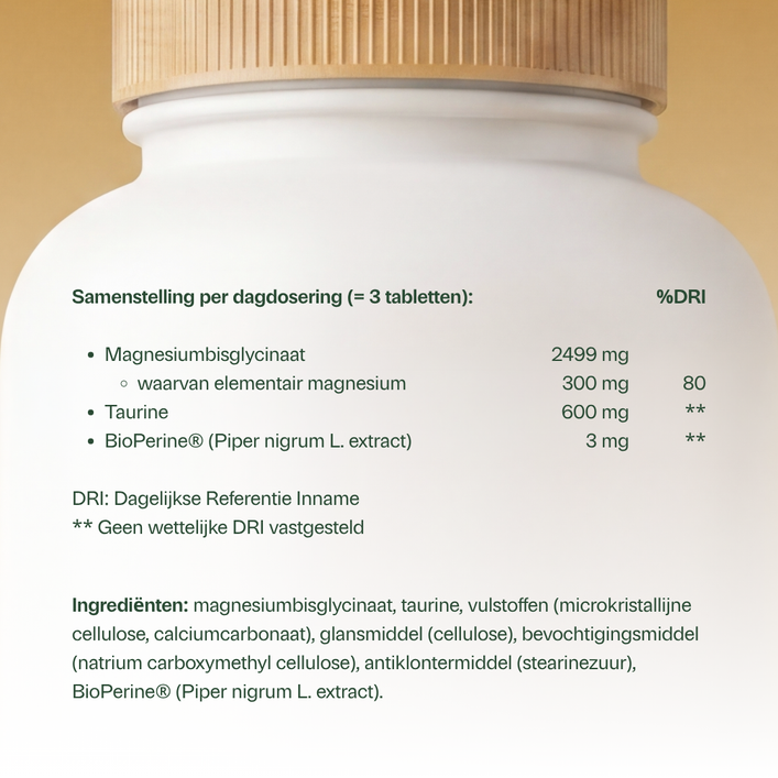 Golden Naturals Magnesium Bisglycinaat 300 mg, wit flesje met gouden deksel, voedingssupplement met magnesium.