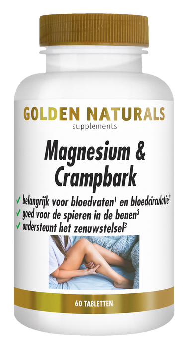 Golden Naturals Magnesium & Crampbark supplementen flesje met 60 tabletten voor beenkramp en bloedvaten ondersteuning.