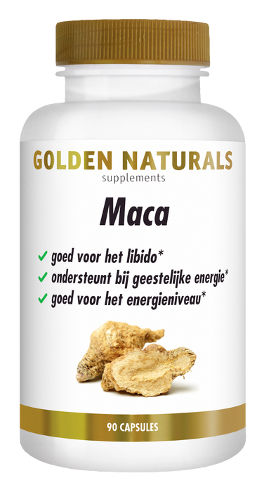 Golden Naturals Maca supplementen flesje met gouden deksel en 90 capsules.