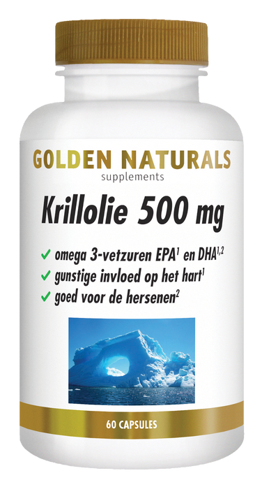 Golden Naturals Krillolie 500 mg, wit flesje met gouden deksel en etiket met Antarctische krill afbeelding.