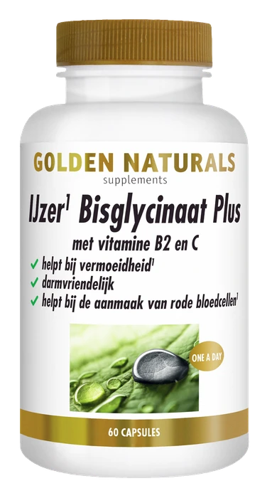 Golden Naturals IJzer Bisglycinaat Plus supplementen flesje met gouden deksel en 60 capsules.