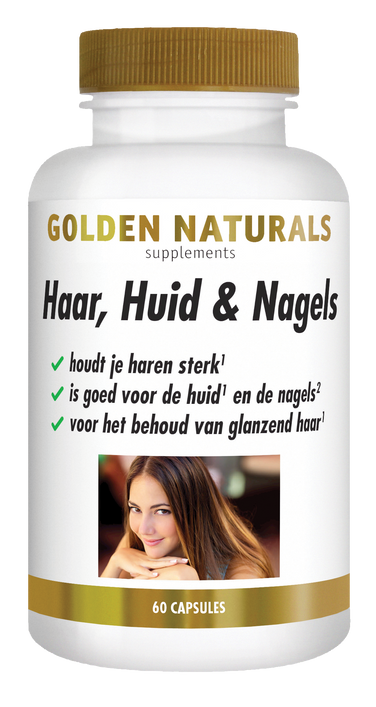 Golden Naturals Haar, Huid & Nagels supplementen flesje met 60 capsules, wit met gouden deksel.