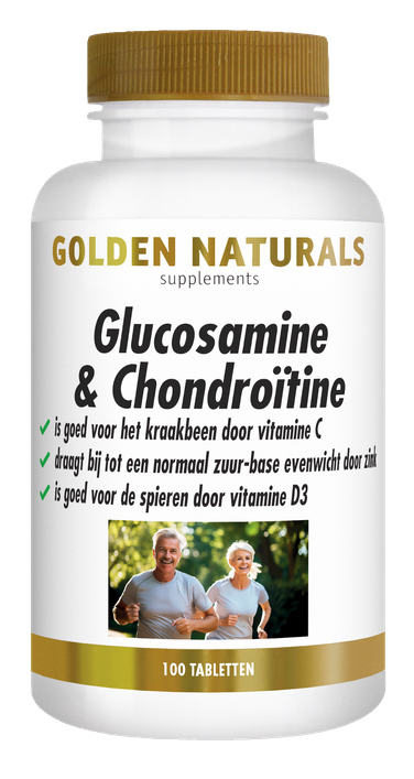 Golden Naturals Glucosamine & Chondroïtine supplementen flesje met 100 tabletten, wit met gouden deksel.