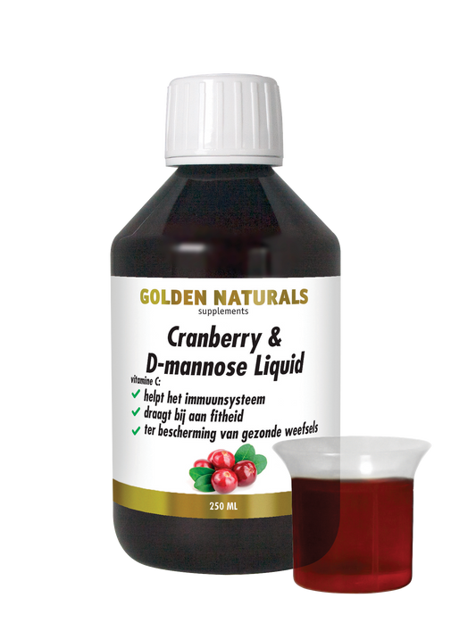 Golden Naturals Cranberry & D-mannose Liquid, donkerrode vloeistof in fles met witte deksel en maatbeker.