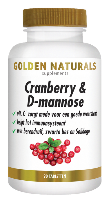 Golden Naturals Cranberry & D-mannose supplementen flesje met 90 tabletten, cranbessen en groene bladeren.