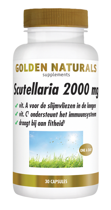 Golden Naturals Scutellaria 2000 mg witte fles met gouden deksel en label.