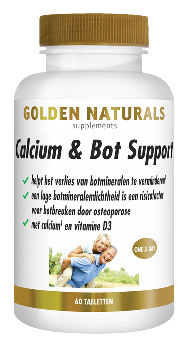 Golden Naturals Calcium & Bot Support, 60 tabletten, wit flesje met gouden deksel en label.