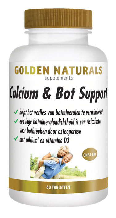 Golden Naturals Calcium & Bot Support supplement fles wit met gouden deksel en 60 tabletten.