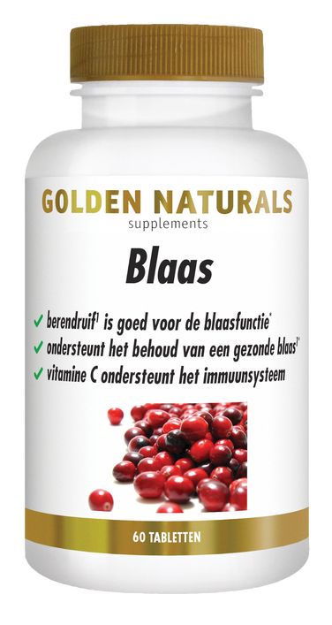 Golden Naturals Blaas supplementen potje met berendruif tabletten ter ondersteuning van de blaasfunctie.