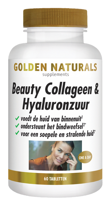 Golden Naturals Beauty Collageen & Hyaluronzuur supplementen, 60 tabletten, wit flesje met gouden deksel.