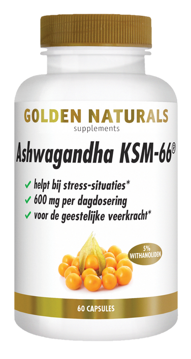 Golden Naturals Ashwagandha KSM-66, wit flesje met gouden deksel en 60 capsules.