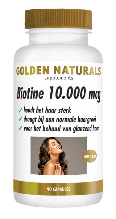 Golden Naturals Biotine 10.000 mcg, 90 capsules, wit flesje met gouden deksel en label.