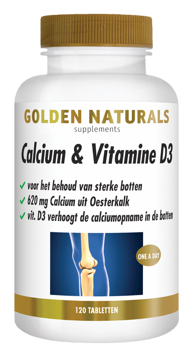 Golden Naturals Calcium & Vitamine D3, 120 tabletten, wit met gouden deksel en band.