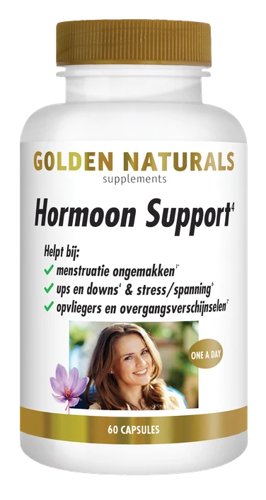 Golden Naturals Hormoon Support, 60 capsules, wit potje met gouden deksel en label.