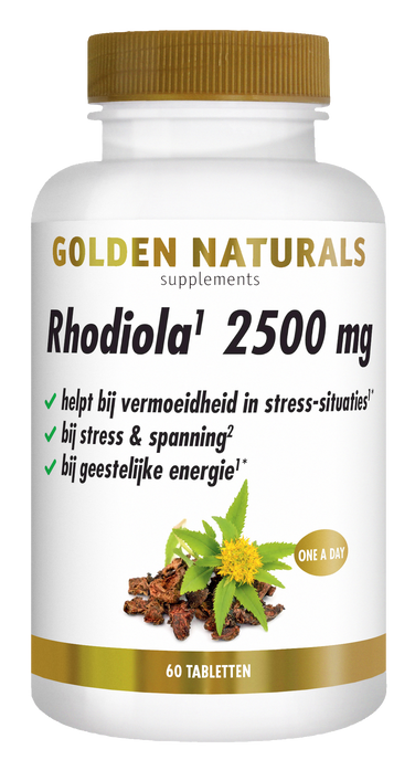 Golden Naturals Rhodiola 2500 mg, wit flesje met gouden deksel en 60 tabletten.