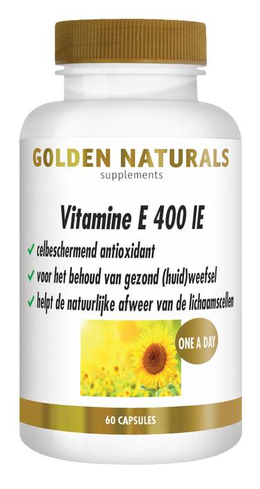 Golden Naturals Vitamine E 400 IE, 60 capsules, wit flesje met gouden deksel en label.