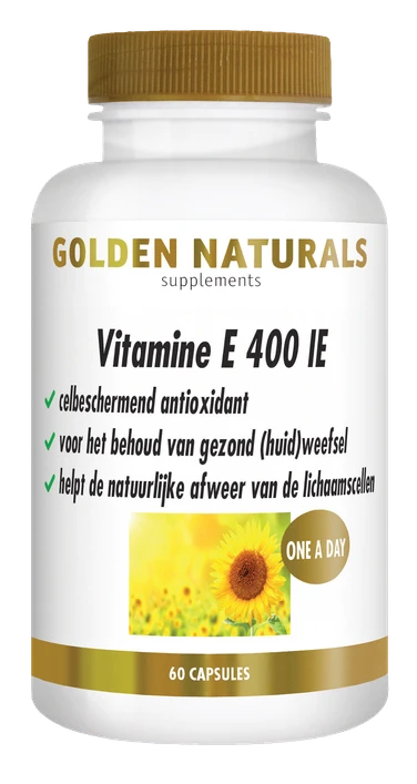 Golden Naturals Vitamine E 400 IE, 60 capsules, wit flesje met gouden deksel en label.