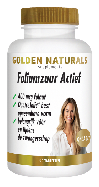 Golden Naturals Foliumzuur Actief supplementen flesje met 90 tabletten en gouden deksel en vrouw.