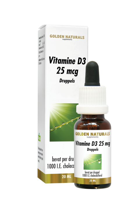 Golden Naturals Vitamine D3 25 mcg druppels flesje met wit deksel en verpakking.