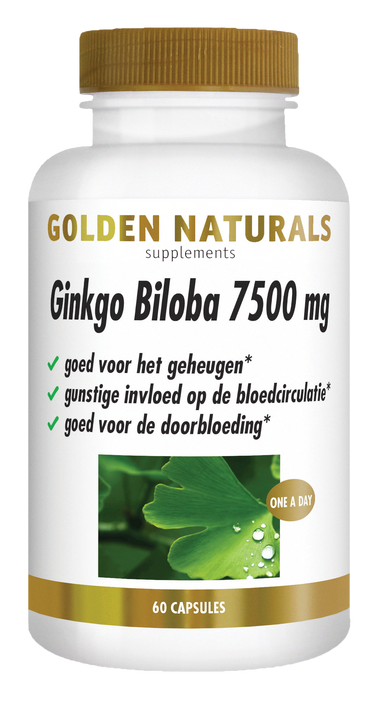 Golden Naturals Ginkgo Biloba 7500 mg, 60 capsules, wit flesje met gouden deksel en etiket.