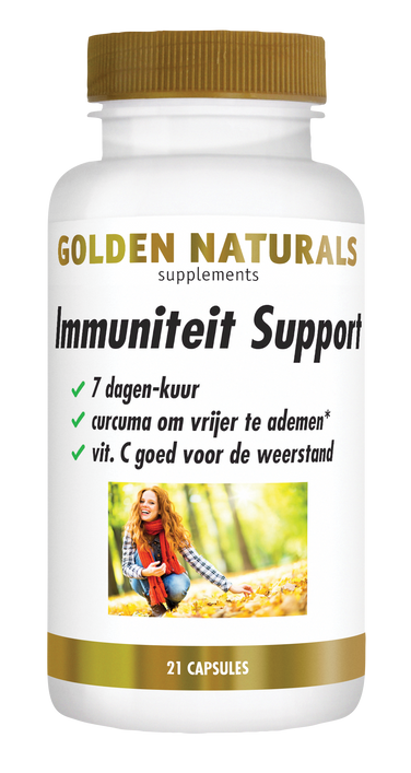 Golden Naturals Immuniteit Support 7 dagen-kuur, 21 capsules, wit en gouden flesje.