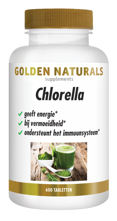 Golden Naturals Chlorella supplementen flesje met 600 tabletten, wit met gouden deksel en label.