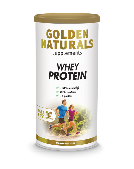 Golden Naturals Whey Protein, puur eiwitpoeder, wit, gouden deksel, naturel supplement.