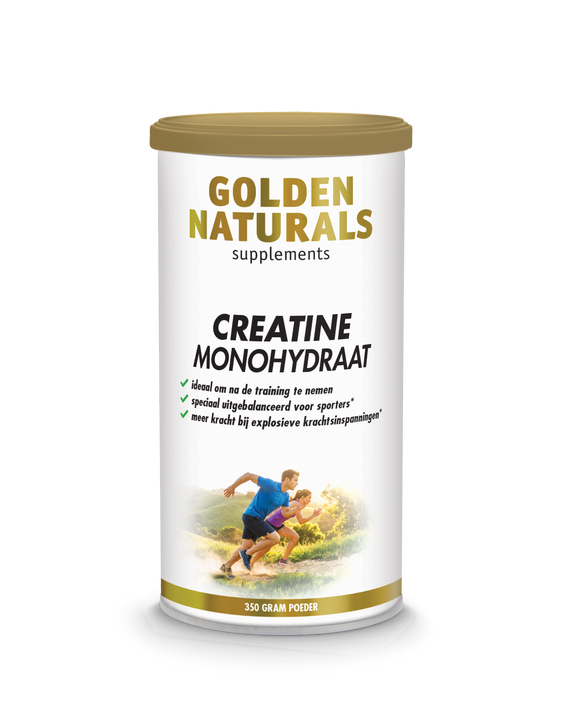 Golden Naturals Creatine Monohydraat, wit kannetje met gouden deksel en logo.