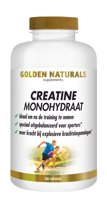 Golden Naturals Creatine Monohydraat, wit flesje met gouden deksel en etiket met sport illustratie.